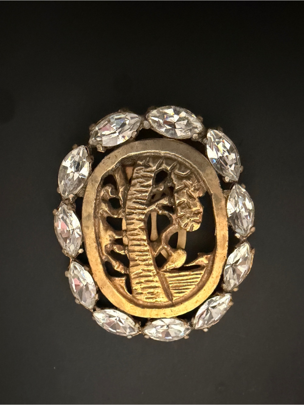 Vintage Egyptian Revival Rhinestone Dress Clip Sphinx Palm Tree Art Deco Style